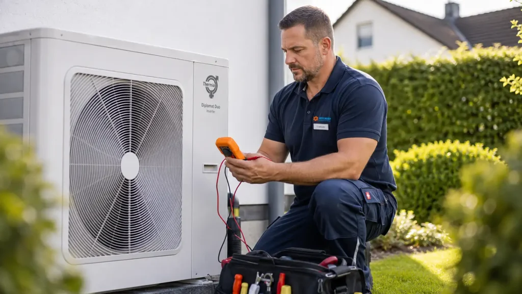 Mann mit Werkzeug überprüft eine Thermia Wärmepumpe